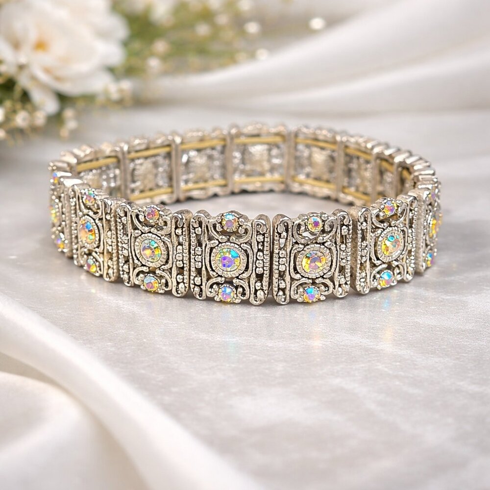 Vintage Aurora Borealis Rhinestone Silver Tone Panel Victorian Revival Bracelet